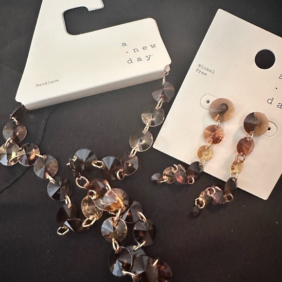 NWT A New Day Beaded Linear Earrings & Stone Beaded Necklace Set, Brown & Gold - Picture 7 of 7